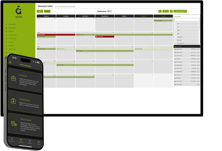 Die Azea Web Anwendung mit einer Kalenderübersicht Die Azea App