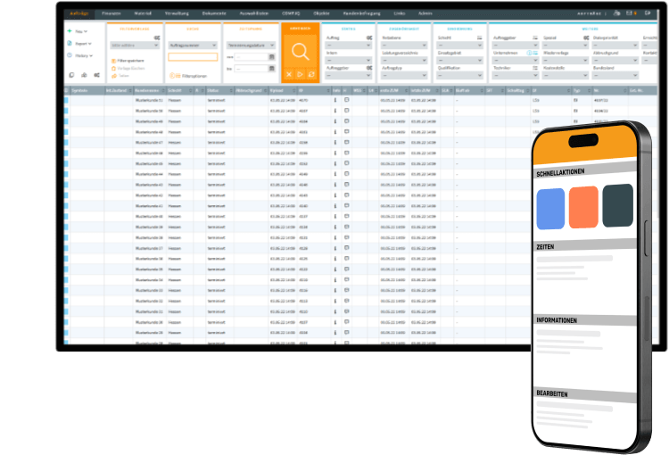 Ein Screenshot von der Auftragsübersicht in der COMP4 Software und die COMP4-APP als Mockup